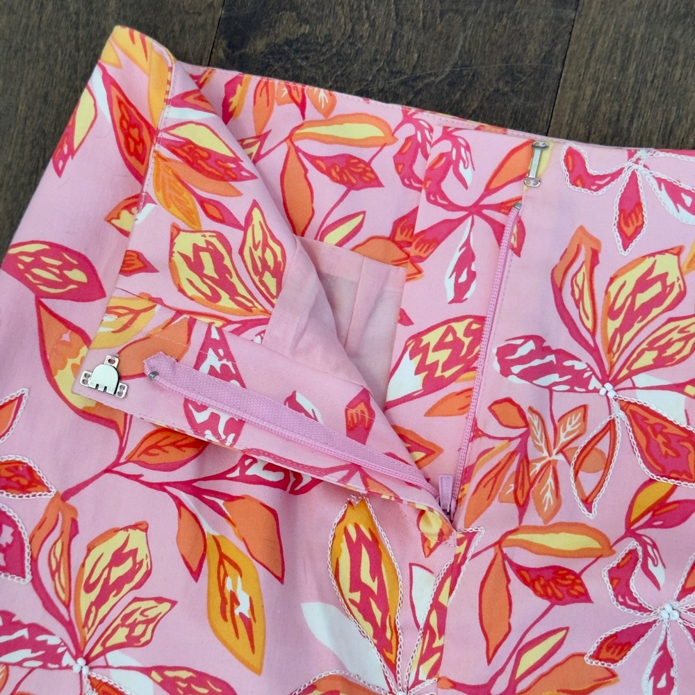 Jade Melody Tam Pink Floral Cotton Stretch Pencil Skirt Lace Trim Size 4 Beaded‎ - Picture 5 of 8